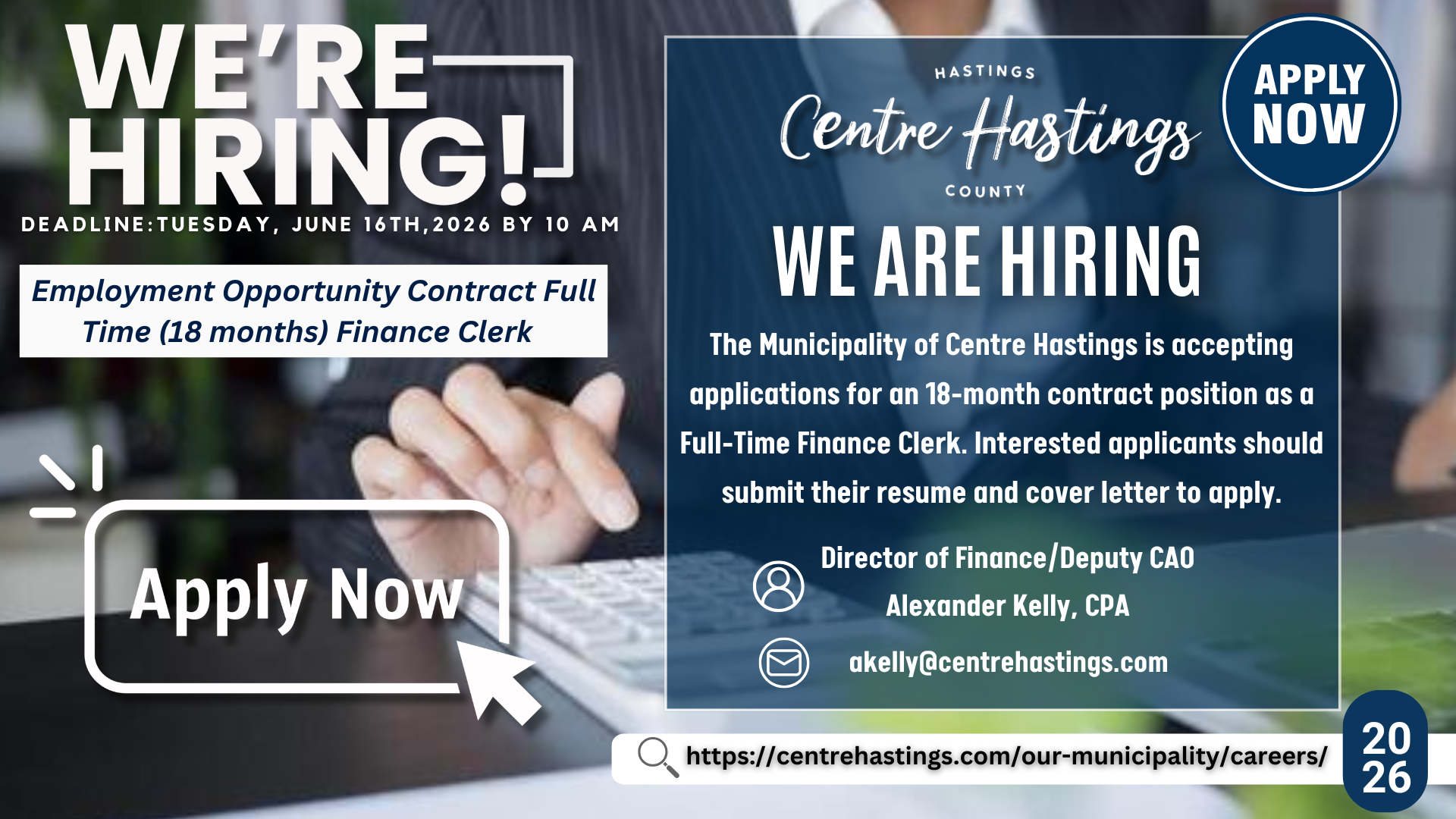 Employment Opportunity Contract Full Time (18 months) Finance Clerk With The Municipality of Centre Hastings