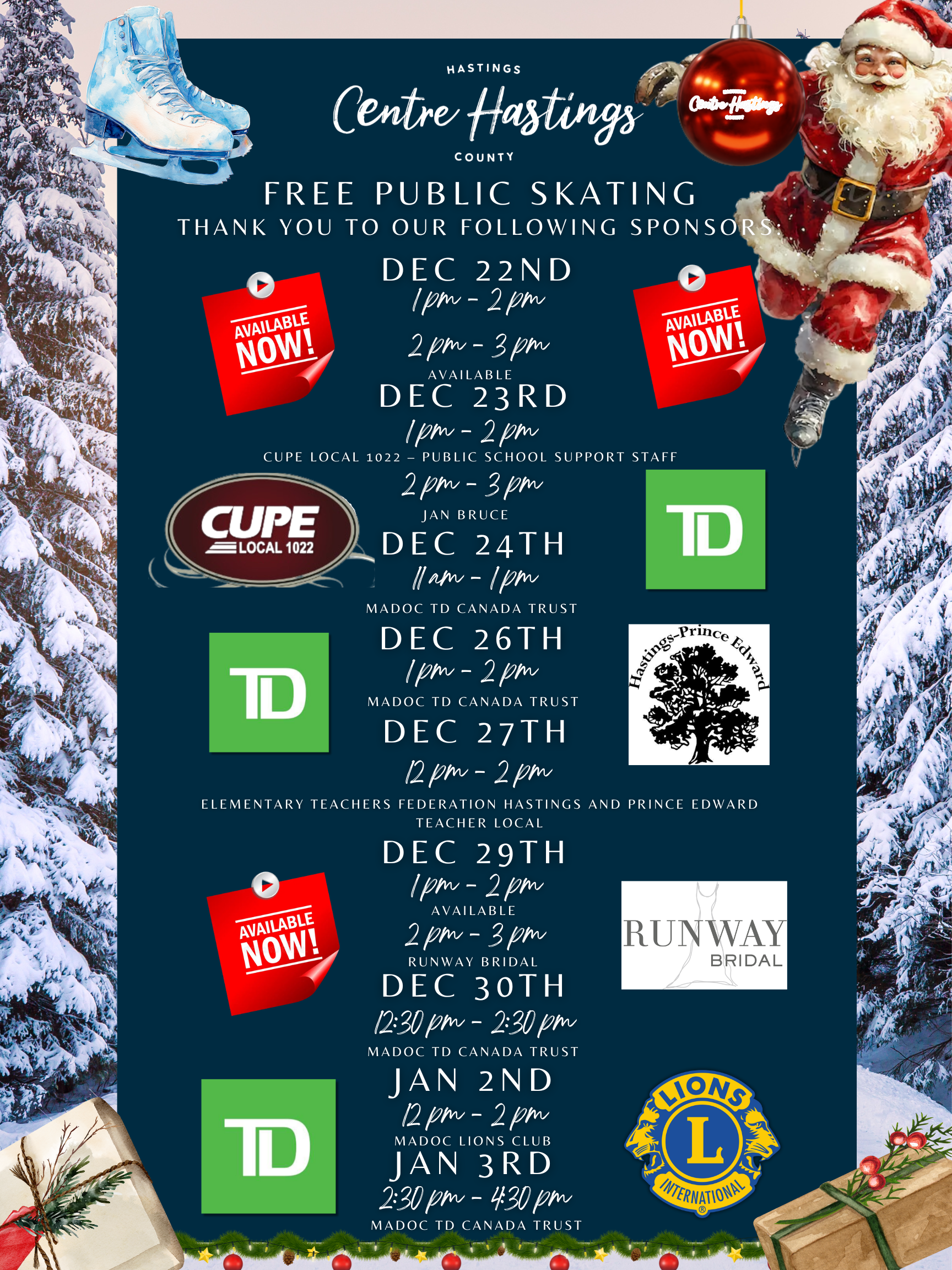  Holiday Free Public Skating in Centre Hastings 