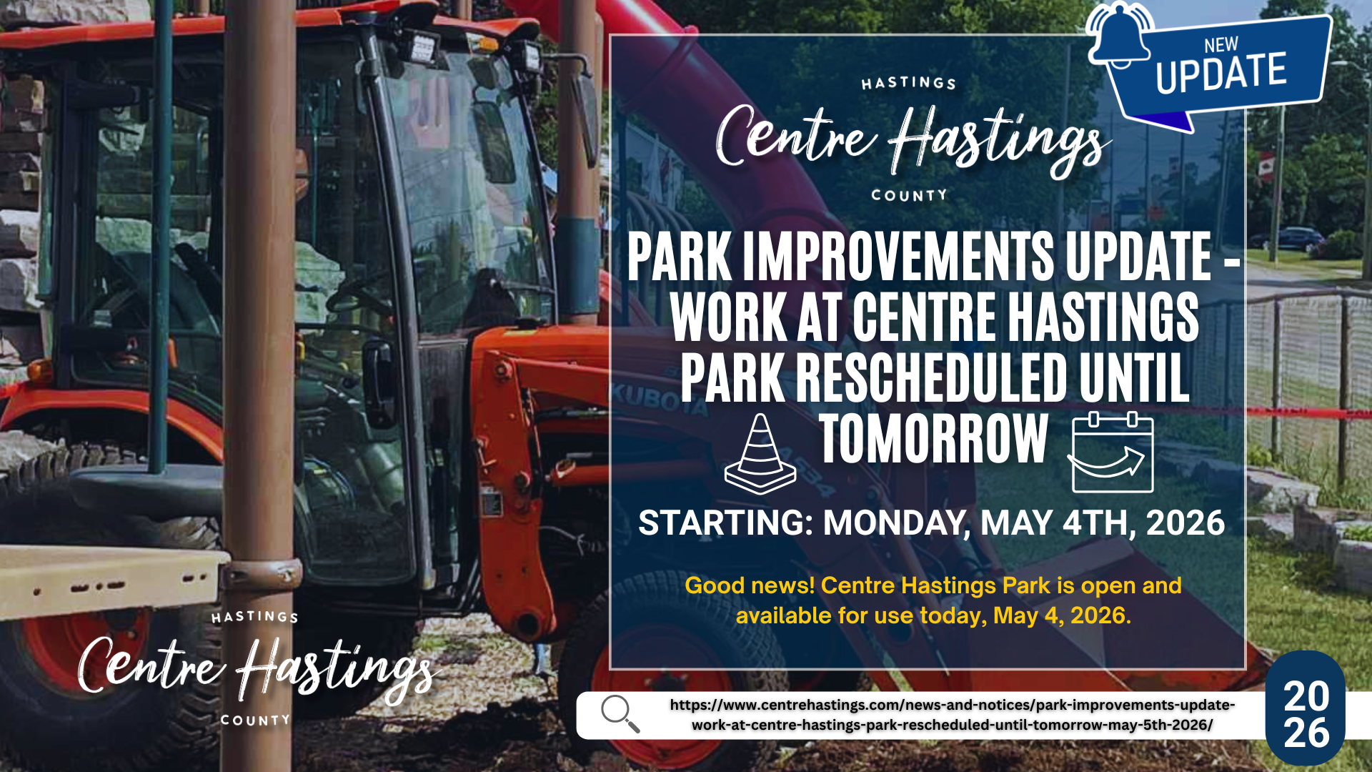 Park Improvements Update – Work at Centre Hastings Park Rescheduled Until Tomorrow ( May 5th,2026)